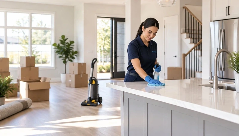 Cleaner wiping a kitchen counter in a home with moving boxes