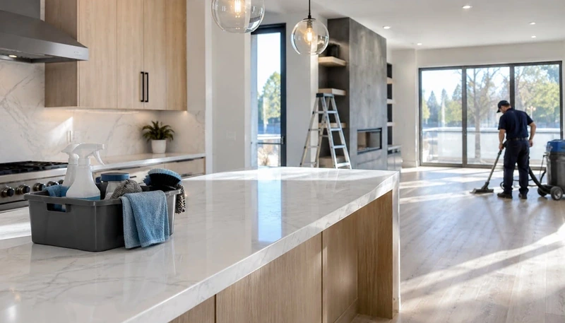 Cleaning tools in an open plan home with a cleaner working near the windows