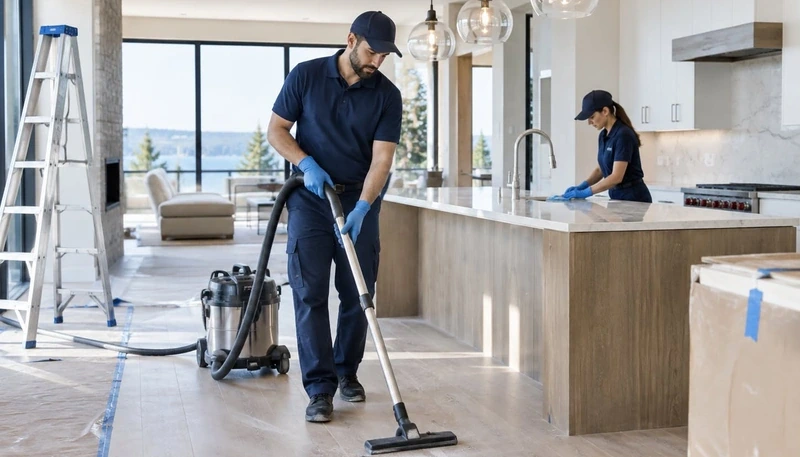 Cleaning team working on kitchen surfaces and the floor