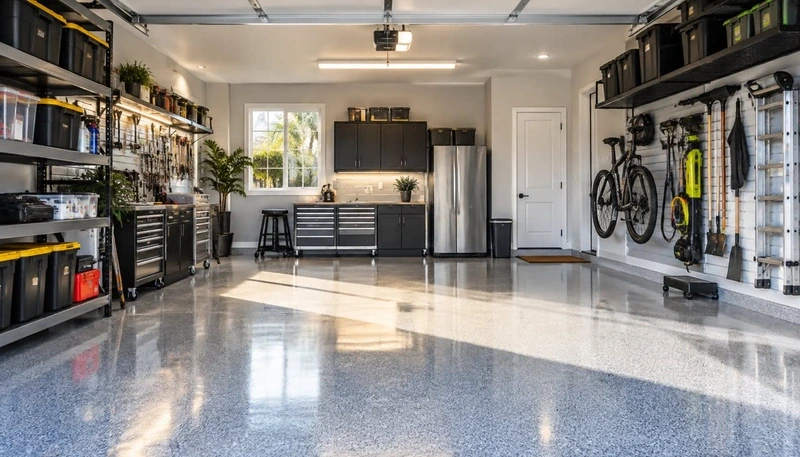 Organized garage with shelves, wall storage and a clear floor