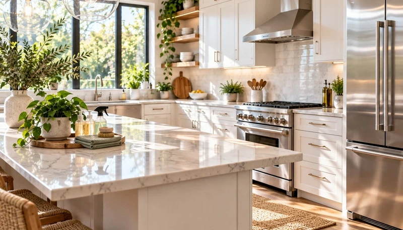 Bright kitchen with a stone island, cabinets and stainless steel appliances