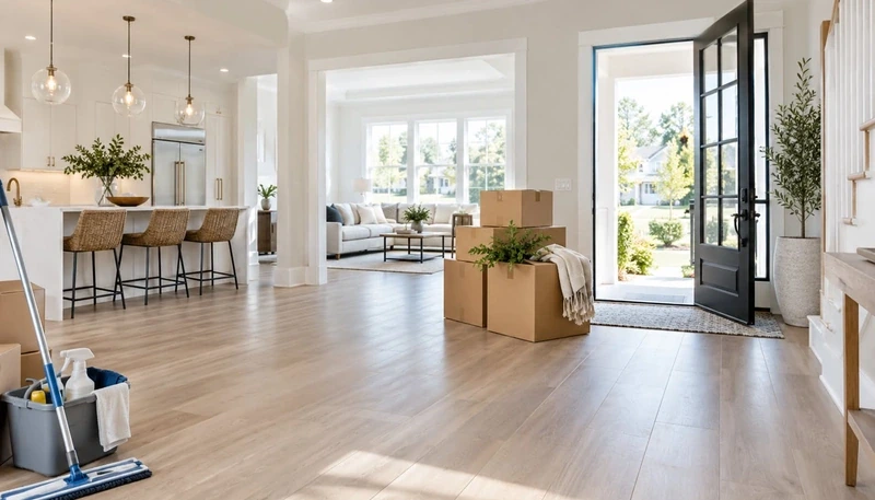 Light filled empty home with a clear floor and a few moving boxes