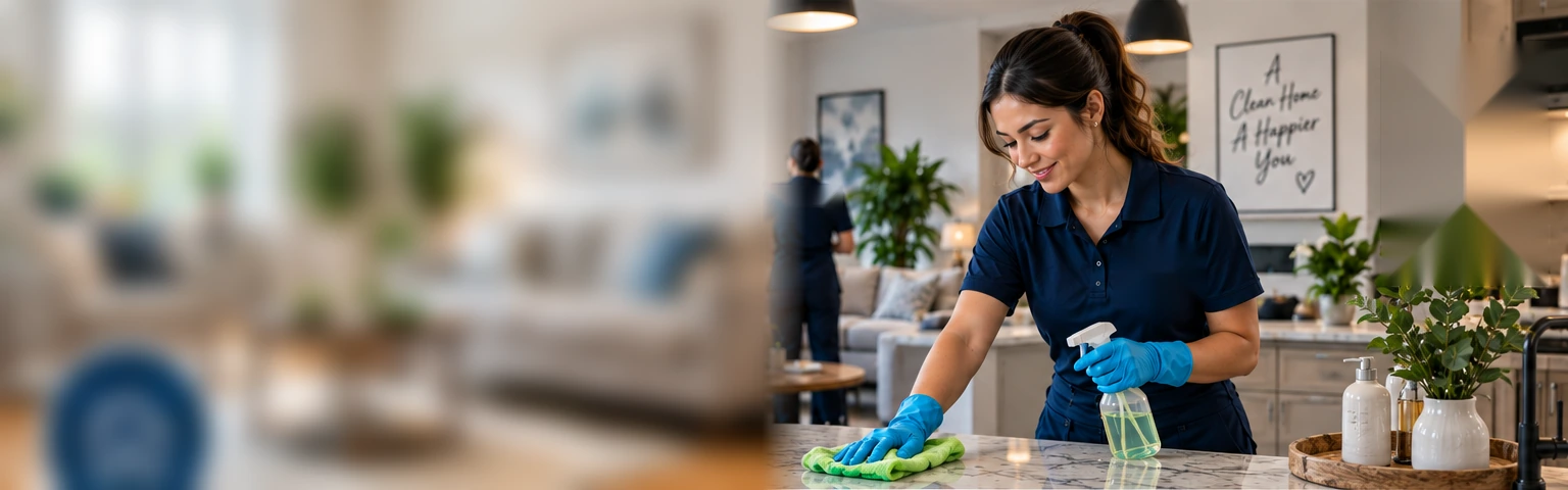 Illustrative scene of a cleaner wiping a kitchen counter in a bright home